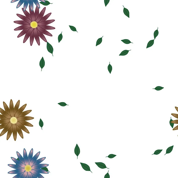 Vakker Sammensetning Med Enkle Fargede Blomster Grønne Blader Bakgrunnen Vektorillustrasjon – stockvektor