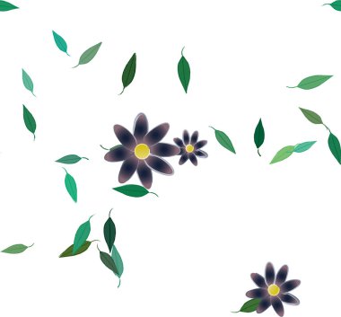 Basit renkli çiçekleri ve arka planda yeşil yaprakları olan güzel kompozisyon, vektör illüstrasyonu