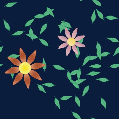 basit renkli çiçekleri olan serbest kompozisyon ve duvar kağıdı için yeşil yapraklar, vektör illüstrasyonu