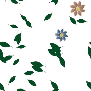 basit renkli çiçekleri olan serbest kompozisyon ve duvar kağıdı için yeşil yapraklar, vektör illüstrasyonu