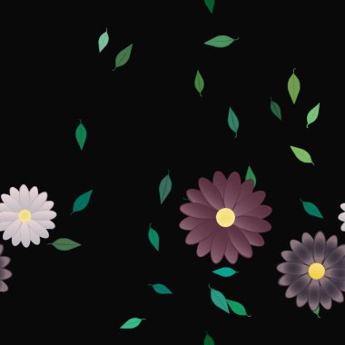 Basit renkli çiçekleri ve arka planda yeşil yaprakları olan güzel kompozisyon, vektör illüstrasyonu