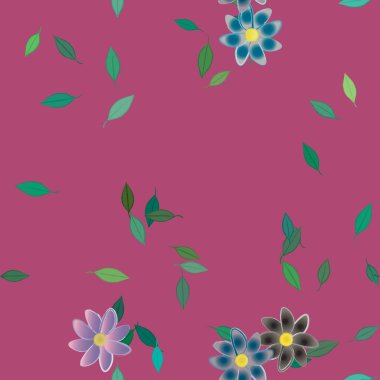 basit renkli çiçekleri olan serbest kompozisyon ve duvar kağıdı için yeşil yapraklar, vektör illüstrasyonu