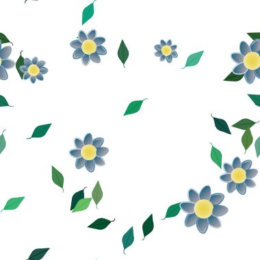 Serbest kompozisyonda yeşil yapraklı basit çiçekler, vektör illüstrasyonu