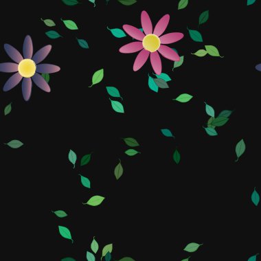 Basit renkli çiçekleri ve arka planda yeşil yaprakları olan güzel kompozisyon, vektör illüstrasyonu