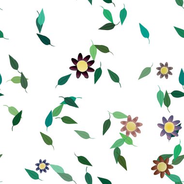 Serbest kompozisyonda yeşil yapraklı basit çiçekler, vektör illüstrasyonu