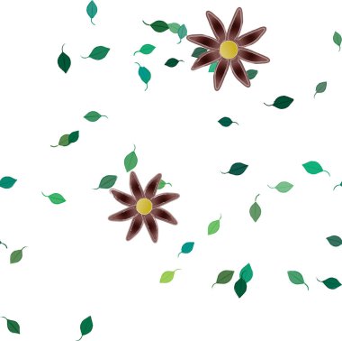 Serbest kompozisyonda yeşil yapraklı basit çiçekler, vektör illüstrasyonu