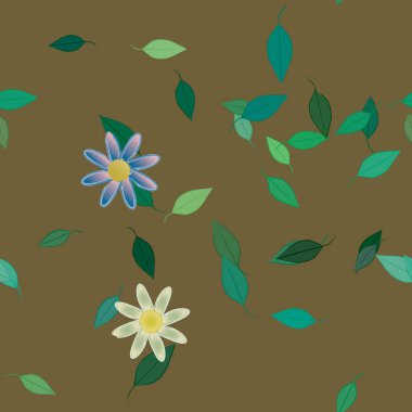 basit renkli çiçekleri olan serbest kompozisyon ve duvar kağıdı için yeşil yapraklar, vektör illüstrasyonu