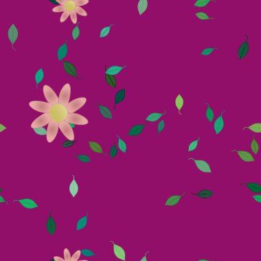 Serbest kompozisyonda yeşil yapraklı basit çiçekler, vektör illüstrasyonu