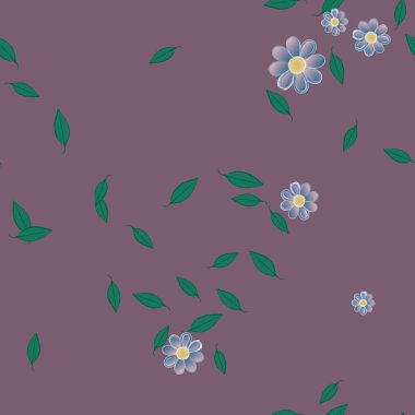 basit renkli çiçekleri olan serbest kompozisyon ve duvar kağıdı için yeşil yapraklar, vektör illüstrasyonu