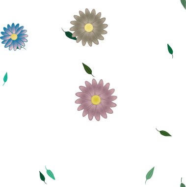 basit renkli çiçekleri olan serbest kompozisyon ve duvar kağıdı için yeşil yapraklar, vektör illüstrasyonu