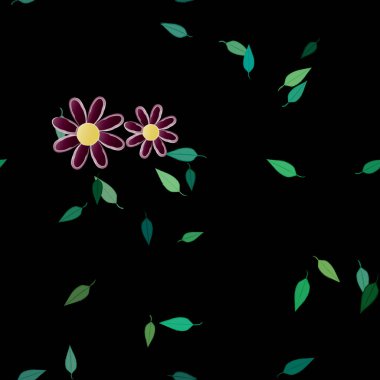 Basit çiçek ve yeşil yapraklı tasarım kompozisyonu, vektör illüstrasyonu