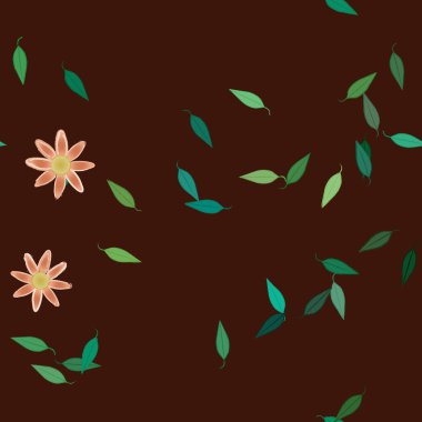 Basit renkli çiçekleri ve arka planda yeşil yaprakları olan güzel kompozisyon, vektör illüstrasyonu