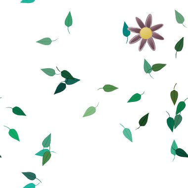 Serbest kompozisyonda yeşil yapraklı basit çiçekler, vektör illüstrasyonu