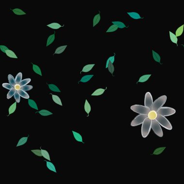 Serbest kompozisyonda yeşil yapraklı basit çiçekler, vektör illüstrasyonu