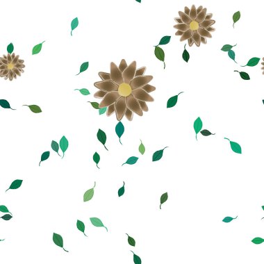 Basit renkli çiçekleri ve arka planda yeşil yaprakları olan güzel kompozisyon, vektör illüstrasyonu