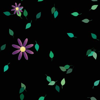 Basit renkli çiçekleri ve arka planda yeşil yaprakları olan güzel kompozisyon, vektör illüstrasyonu