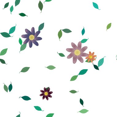 Serbest kompozisyonda yeşil yapraklı basit çiçekler, vektör illüstrasyonu