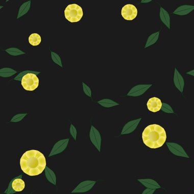 Serbest kompozisyonda yeşil yapraklı basit çiçekler, vektör illüstrasyonu