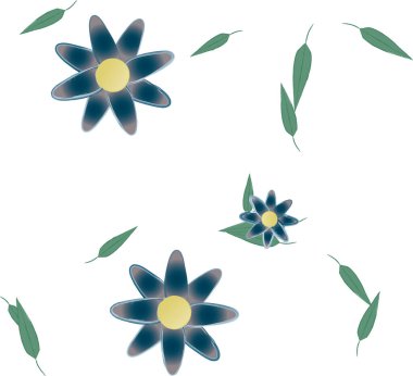 Serbest kompozisyonda yeşil yapraklı basit çiçekler, vektör illüstrasyonu