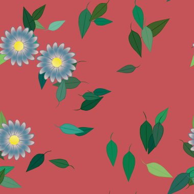 Duvar kağıdı, vektör illüstrasyonu için basit renkli çiçekler ve yeşil yapraklar