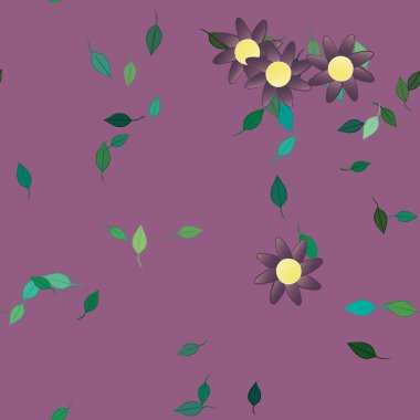 Serbest kompozisyonda yeşil yapraklı basit çiçekler, vektör illüstrasyonu