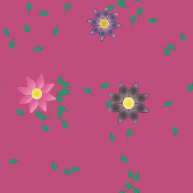 Serbest kompozisyonda yeşil yapraklı basit çiçekler, vektör illüstrasyonu