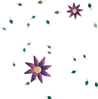 Serbest kompozisyonda yeşil yapraklı basit çiçekler, vektör illüstrasyonu