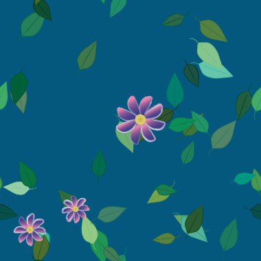 Serbest kompozisyonda yeşil yapraklı basit çiçekler, vektör illüstrasyonu