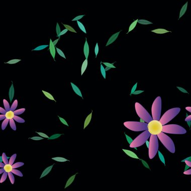 Serbest kompozisyonda yeşil yapraklı basit çiçekler, vektör illüstrasyonu