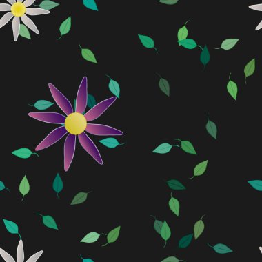 Serbest kompozisyonda yeşil yapraklı basit çiçekler, vektör illüstrasyonu