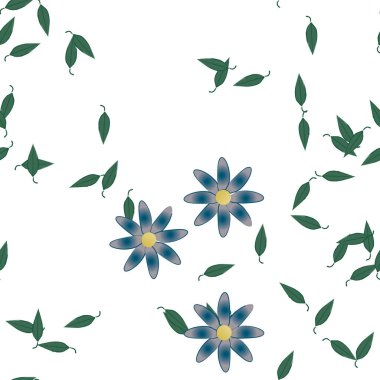 Serbest kompozisyonda yeşil yapraklı basit çiçekler, vektör illüstrasyonu