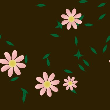 Serbest kompozisyonda yeşil yapraklı basit çiçekler, vektör illüstrasyonu