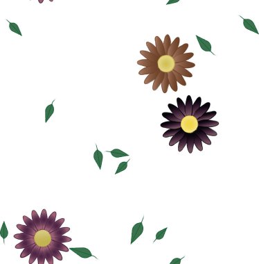 Serbest kompozisyonda yeşil yapraklı basit çiçekler, vektör illüstrasyonu