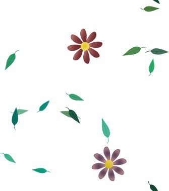 Basit çiçek ve yeşil yapraklı tasarım kompozisyonu, vektör illüstrasyonu