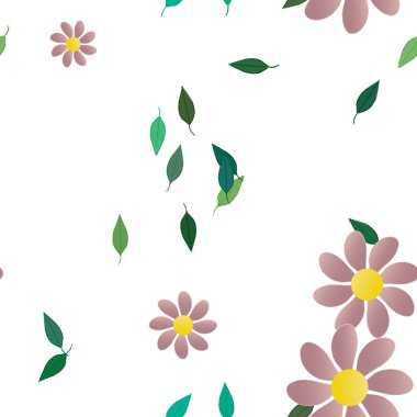 Duvar kağıdı, vektör illüstrasyonu için basit renkli çiçekler ve yeşil yapraklar