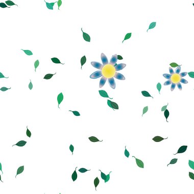 Serbest kompozisyonda yeşil yapraklı basit çiçekler, vektör illüstrasyonu