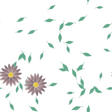 Serbest kompozisyonda yeşil yapraklı basit çiçekler, vektör illüstrasyonu