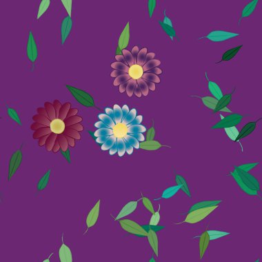 Serbest kompozisyonda yeşil yapraklı basit çiçekler, vektör illüstrasyonu