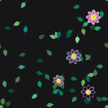 Serbest kompozisyonda yeşil yapraklı basit çiçekler, vektör illüstrasyonu