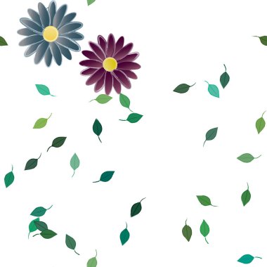 Duvar kağıdı, vektör illüstrasyonu için basit renkli çiçekler ve yeşil yapraklar