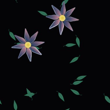 Serbest kompozisyonda yeşil yapraklı basit çiçekler, vektör illüstrasyonu