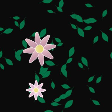 Serbest kompozisyonda yeşil yapraklı basit çiçekler, vektör illüstrasyonu