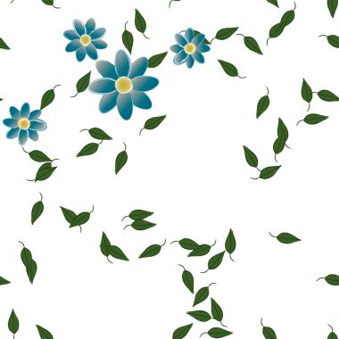 Duvar kağıdı, vektör illüstrasyonu için basit renkli çiçekler ve yeşil yapraklar