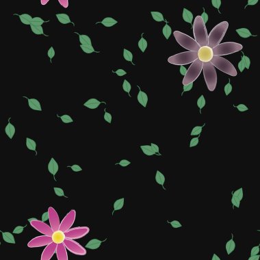 Serbest kompozisyonda yeşil yapraklı basit çiçekler, vektör illüstrasyonu