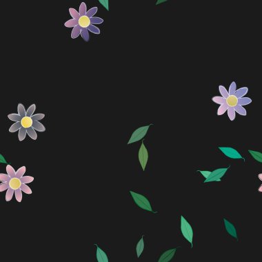 Serbest kompozisyonda yeşil yapraklı basit çiçekler, vektör illüstrasyonu