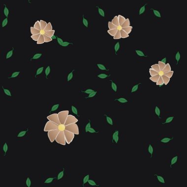 Duvar kağıdı, vektör illüstrasyonu için basit renkli çiçekler ve yeşil yapraklar