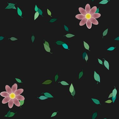 Serbest kompozisyonda yeşil yapraklı basit çiçekler, vektör illüstrasyonu