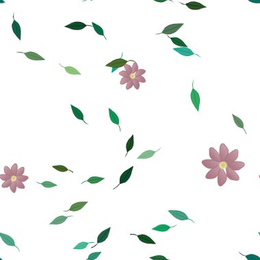 Serbest kompozisyonda yeşil yapraklı basit çiçekler, vektör illüstrasyonu