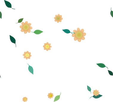 Serbest kompozisyonda yeşil yapraklı basit çiçekler, vektör illüstrasyonu