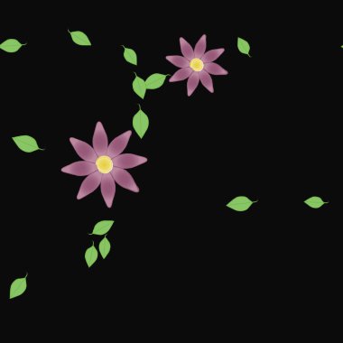 Serbest kompozisyonda yeşil yapraklı basit çiçekler, vektör illüstrasyonu